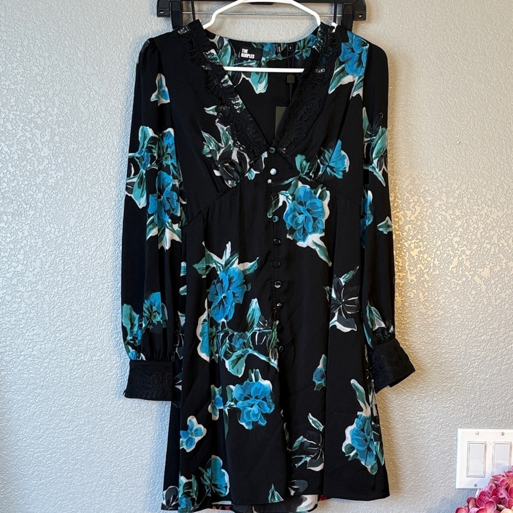 The Kooples Black and Teal Floral Long Sleeve Dress
